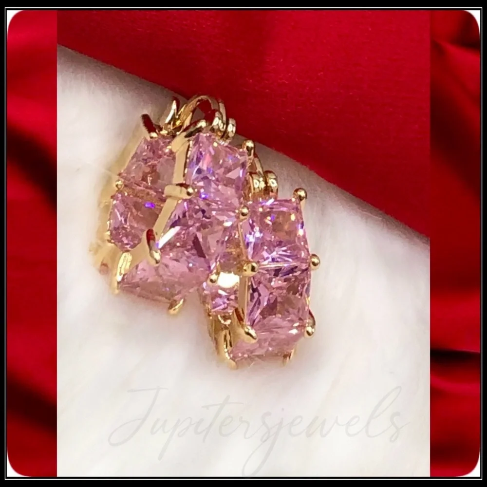 New 14k gold & pink simulated diamond 8g square princess chunky huggie earrings